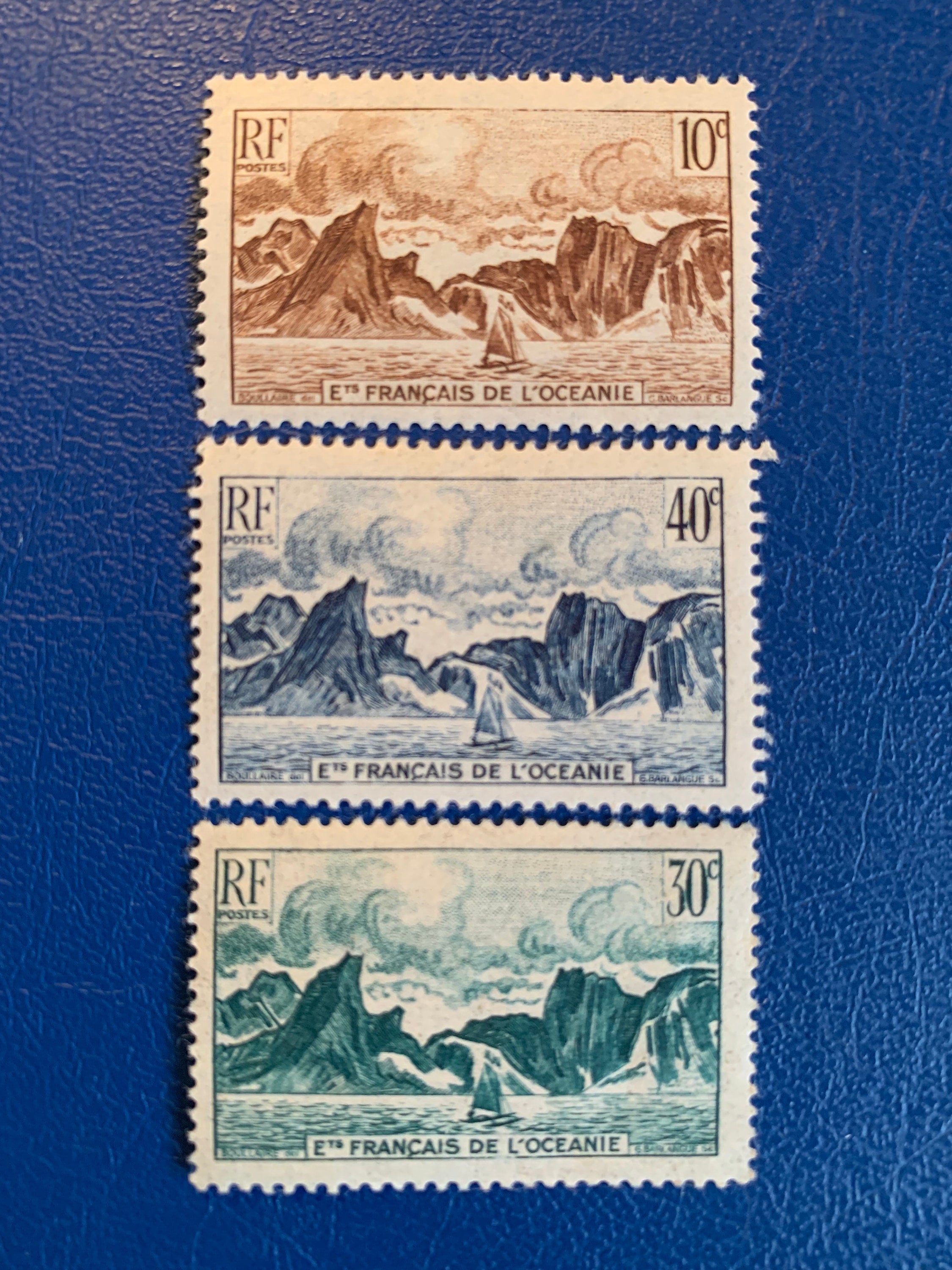 French Polynesia - Original Vintage Postage Stamps- 1948 - Rocky Shore ...