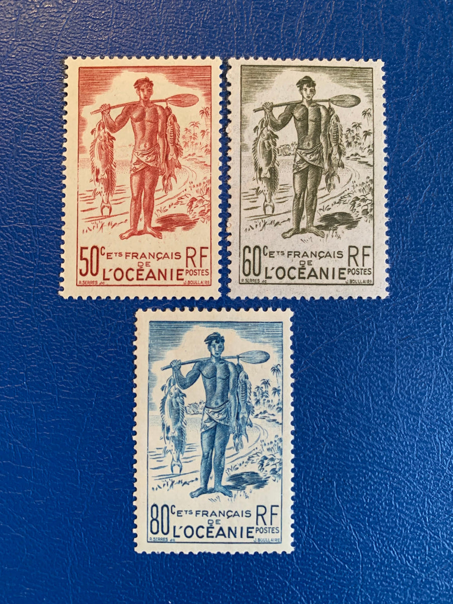 French Polynesia - Original Vintage Postage Stamps- 1948 - Fisherman - for the collector, artist or crafter