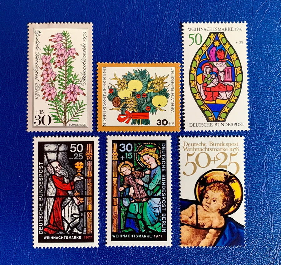 West Germany Christmas - Original Vintage Postage Stamps- 1974-79 - for the collector, artist, or crafter- Gift tags, cards, ornaments