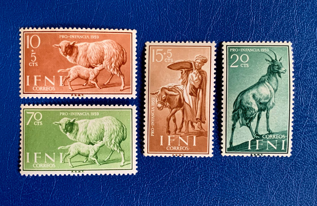 Sp. Ifni- Original Vintage Postage Stamps- 1959 - Herder & Animals - Pro Children - for the collector, artist or crafter