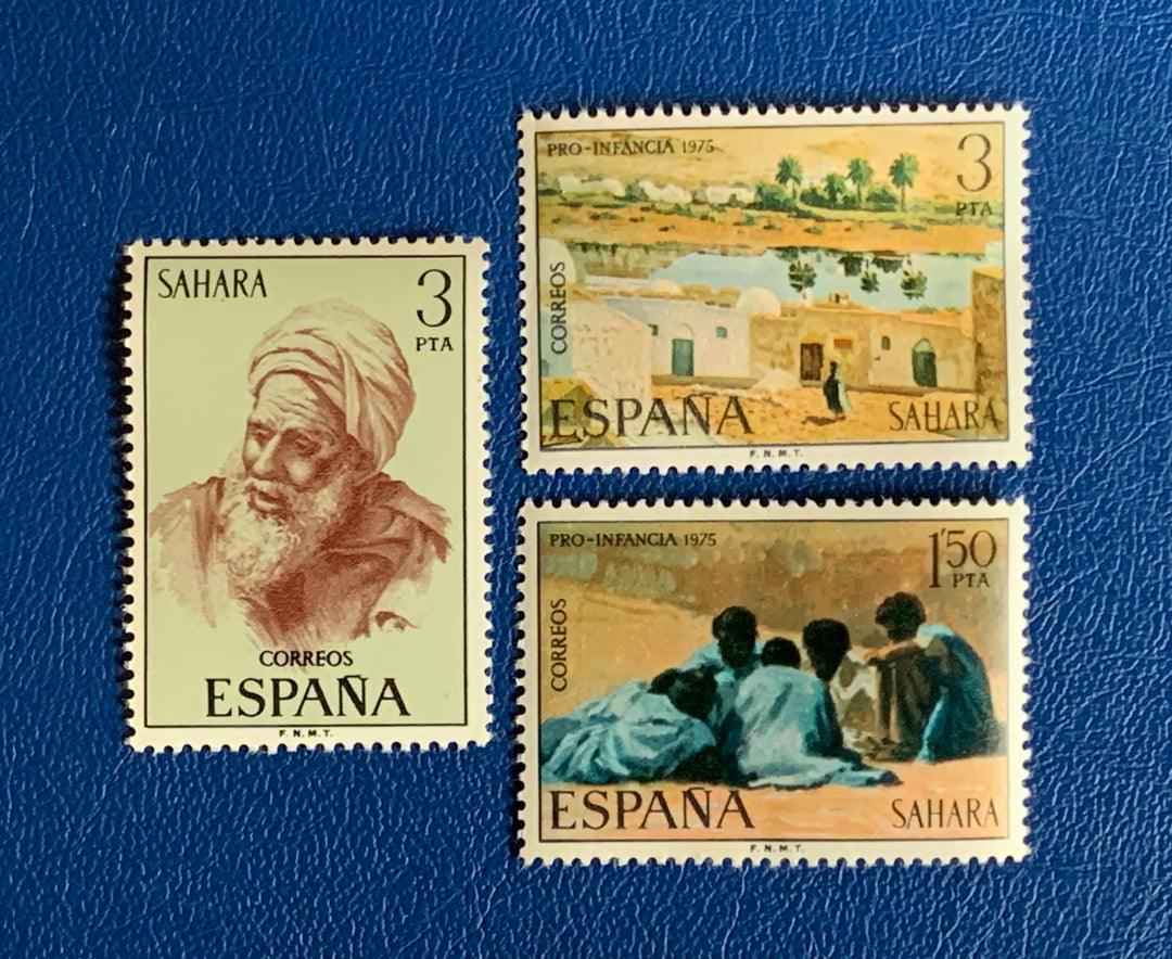 Sp. Sahara - Original Vintage Postage Stamps - 1975 - Paintings: Indigenous Man, Townscape, People - for the collector or crafter