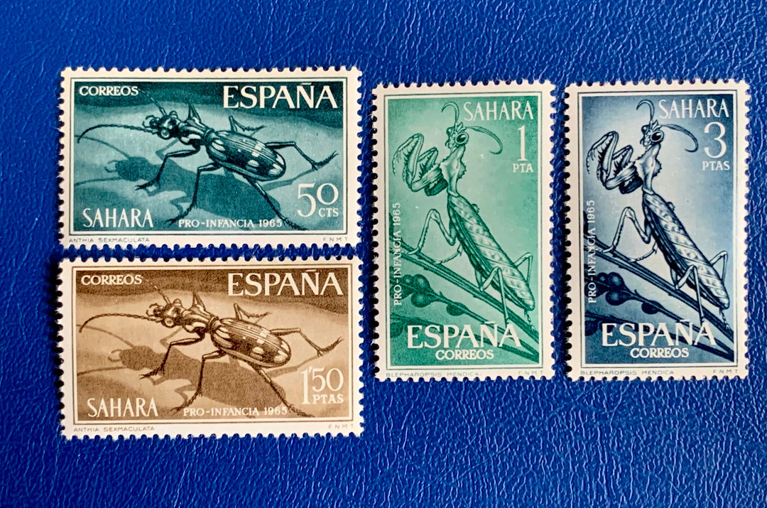 Sp. Sahara - Original Vintage Postage Stamps- 1965 Insects: Egyptian Predator Beetle & Thistle Mantis - for the collector, artist or crafter