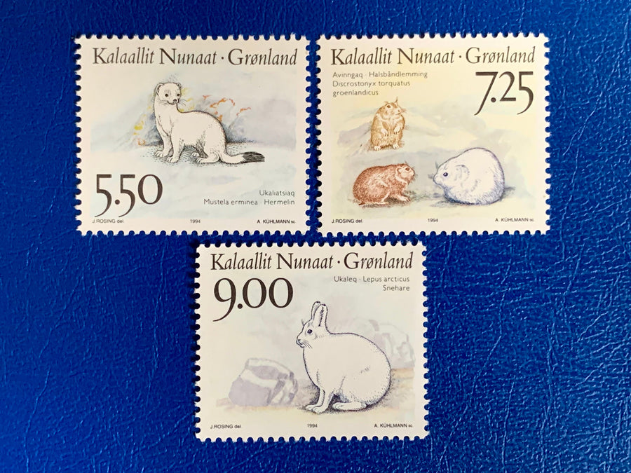 Greenland - Original Vintage Postage Stamps- 1994 - Fauna: Stoat, Lemming, Arctic Hare - for the collector, artist or crafter