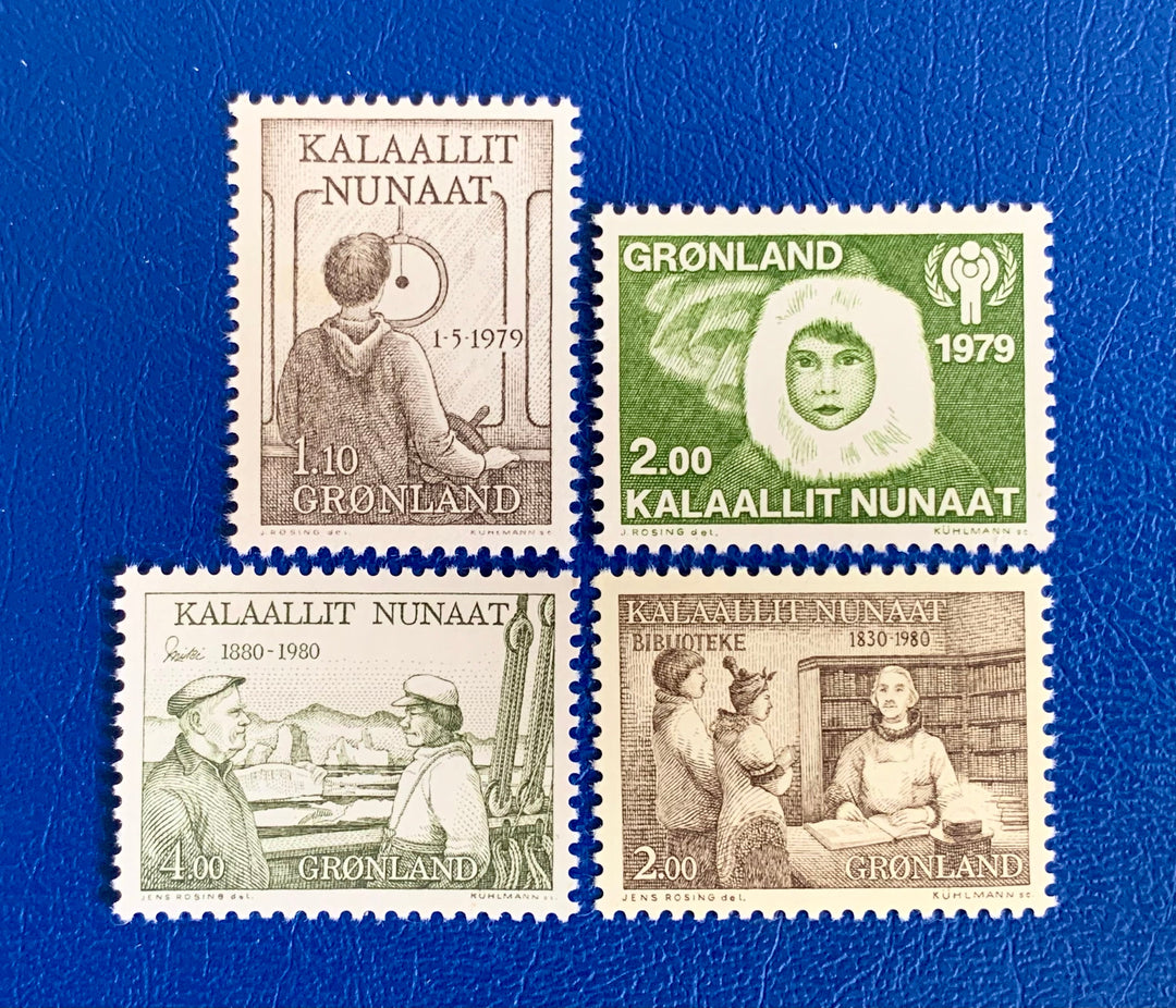Greenland - Original Vintage Postage Stamps- 1979-80 - Self Government, Year of the Child, Libraries, Ejnar Mikkelsen