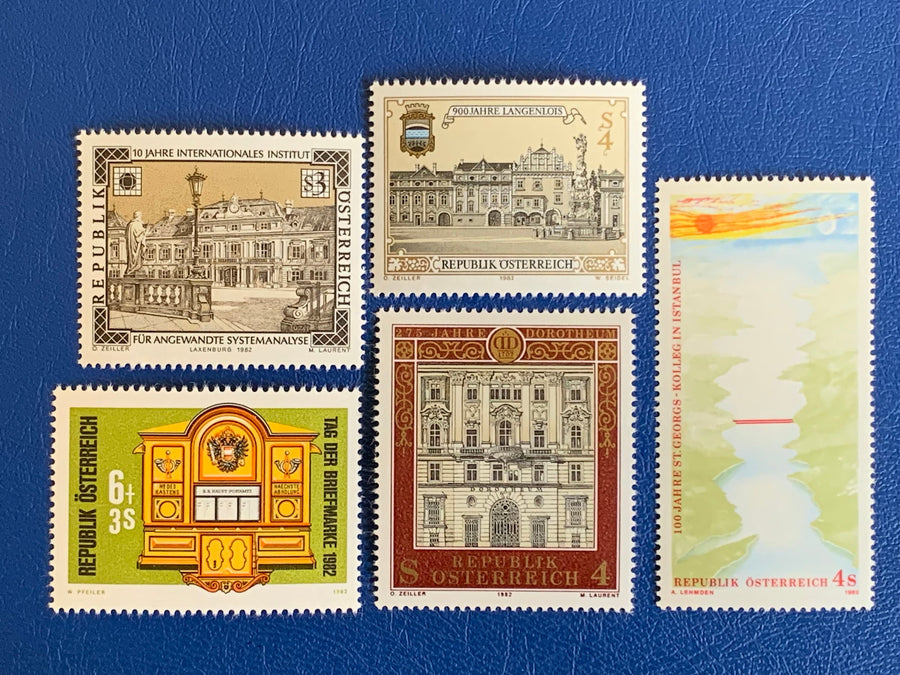 Austria - Original Vintage Postage Stamps - 1982 Dorotheum Auction House, Letterbox, Langelois City, Institute of Tech, St. George’s College