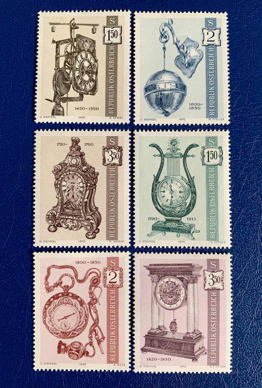 Austria - Original Vintage Postage Stamps - 1969 Clocks - for the collector, artist or crafter - scrapbooks, journals, decoupage