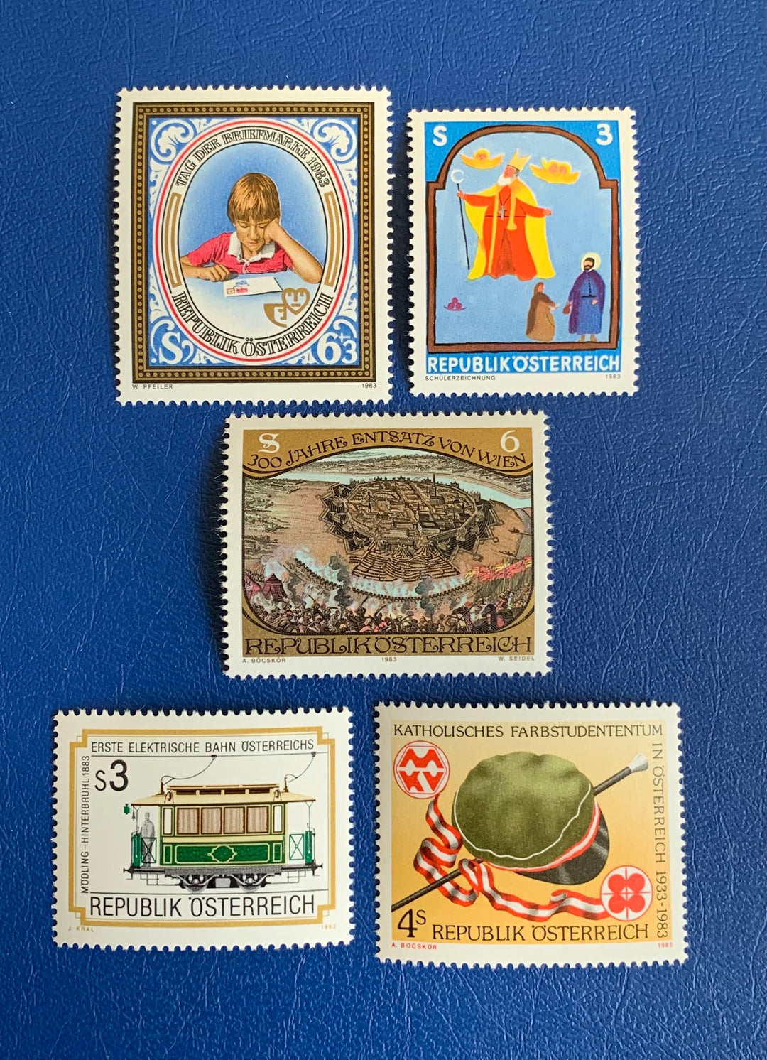 Austria - Original Vintage Postage Stamps - 1983 - Stamp Day, Altar Piece, Kaltenberg, Electric Railway. Colour Students