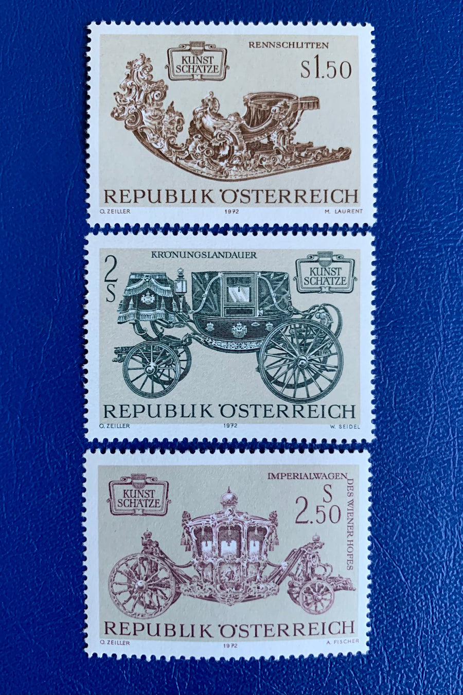 Austria - Original Vintage Postage Stamps - 1972 Art Objects: Sledge & Carriages - for the collector, artist or crafter