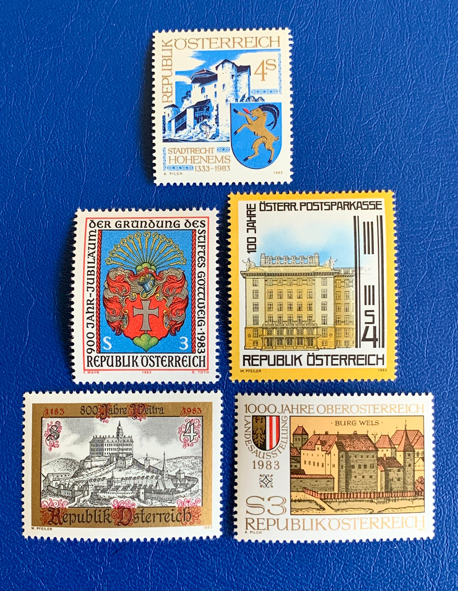 Austria - Original Vintage Postage Stamps - 1983 - Hohenems, Gottweig Abbey, Exhibition Upper Austria, Postal Savings Bank, Weitra City