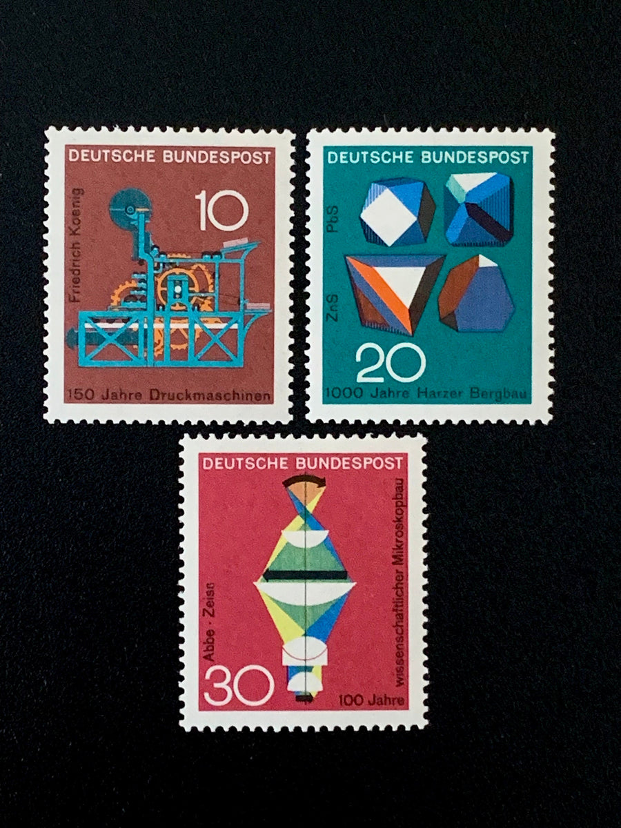 West Germany - Original Vintage Postage Stamps- 1968 - Scientific Discoveries: Printing Press, Ore Crystals, Lens Refractor