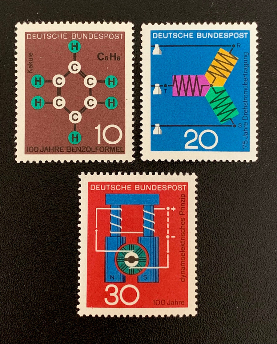 West Germany - Original Vintage Postage Stamps- 1964 - Scientific Discoveries: Benzene Formula, Nuclear Reactor, Gas Engine