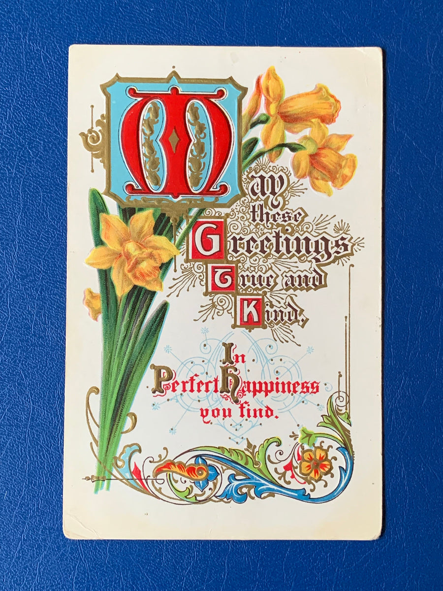 Best Wishes - Vintage/Antique Greeting Postcard - 1912 - embossed daffodils