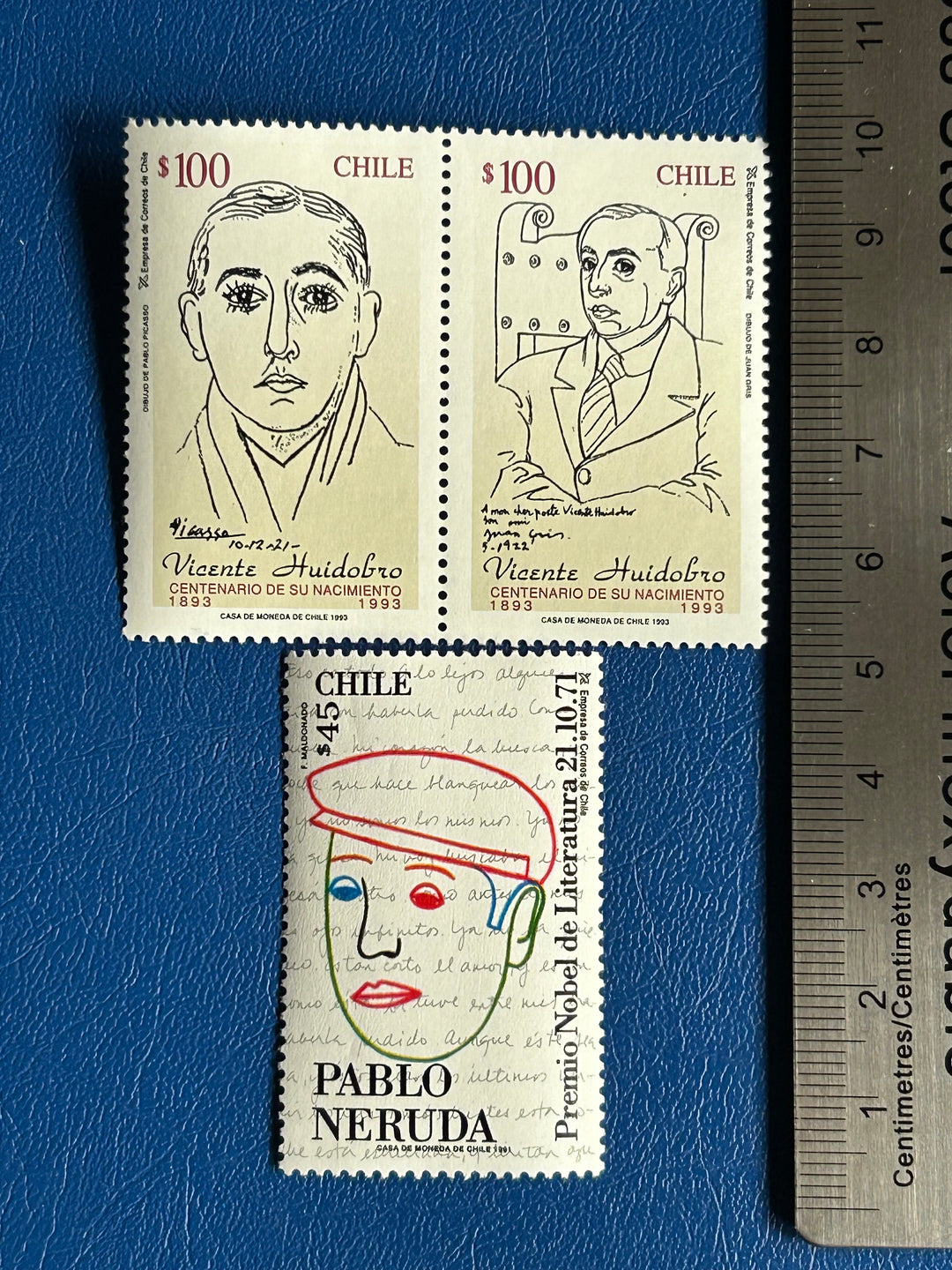 Chile - Original Vintage Postage Stamps- 1991/93 - Poets Neruda & Huidobro - for the collector, artist or crafter