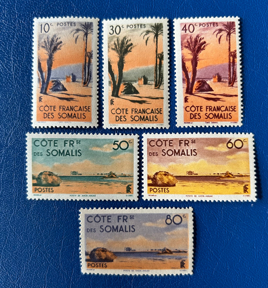 Somali Coast - Original Vintage Postage Stamps- 1947 - Danakil Tent & Post of Khor Angar - for the collector, artist or crafter