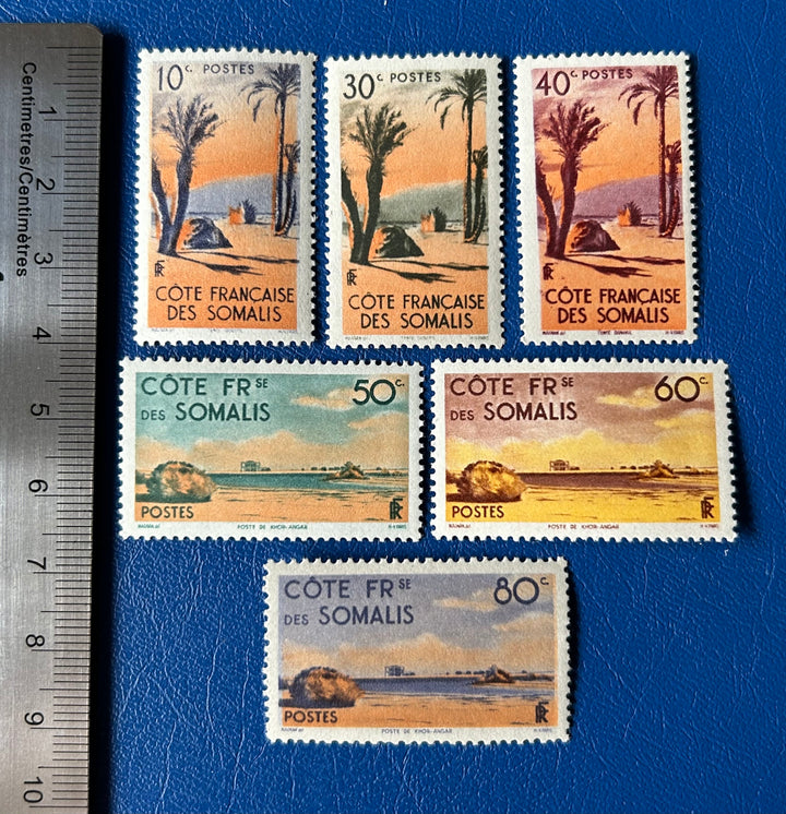 Somali Coast - Original Vintage Postage Stamps- 1947 - Danakil Tent & Post of Khor Angar - for the collector, artist or crafter