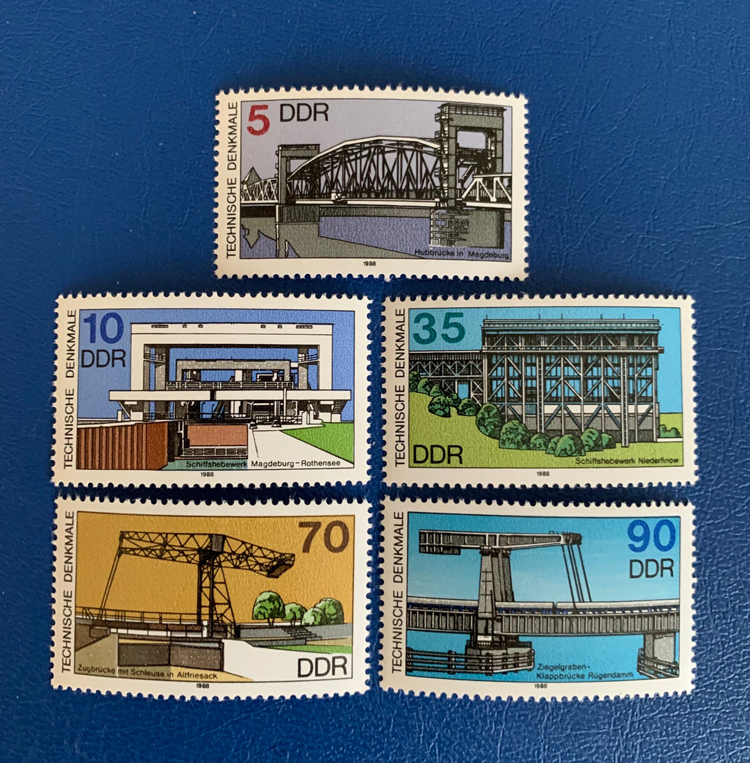 Germany (DDR) - Original Vintage Postage Stamps- 1988 - Boat Lifts, Cranes & Drawbridge - for the collector, artist or crafter