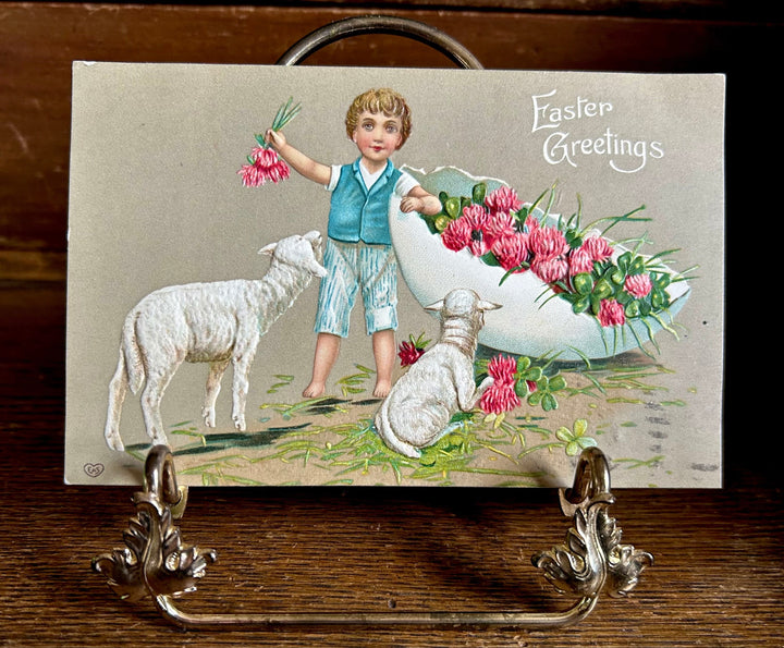 Easter Postcard - Vintage Embossed Easter Card -Postmark 1909 - Little Boy with Floral Egg & Animals