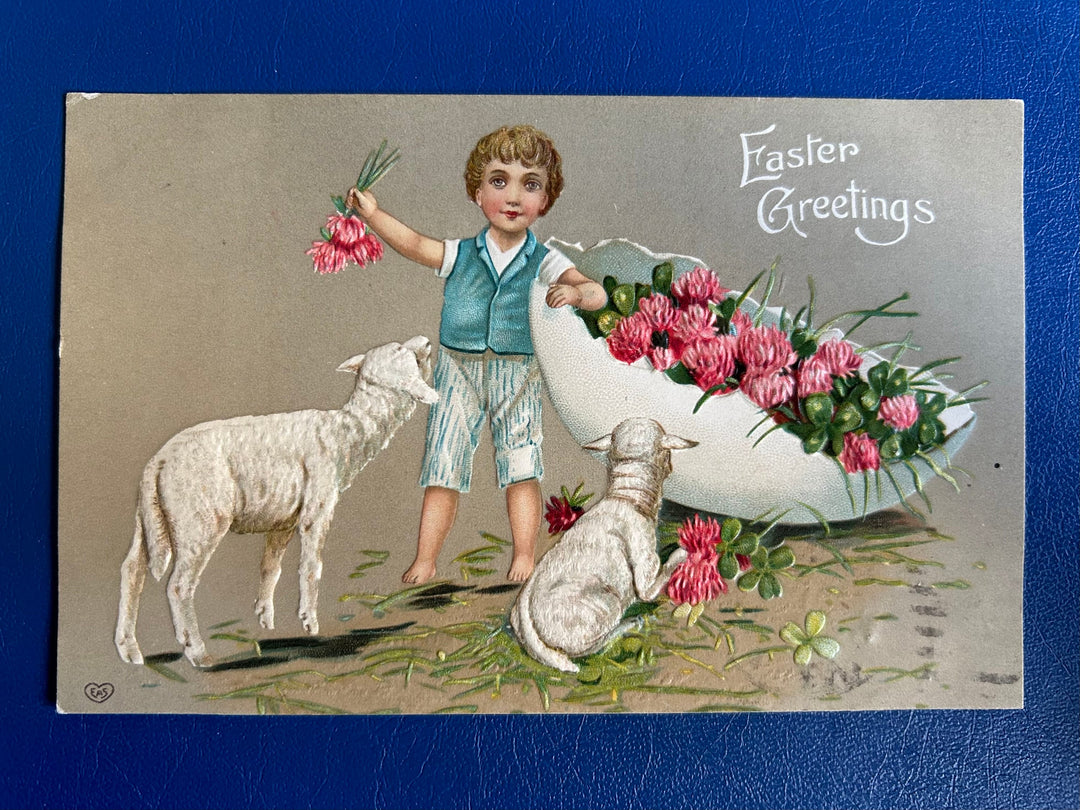 Easter Postcard - Vintage Embossed Easter Card -Postmark 1909 - Little Boy with Floral Egg & Animals