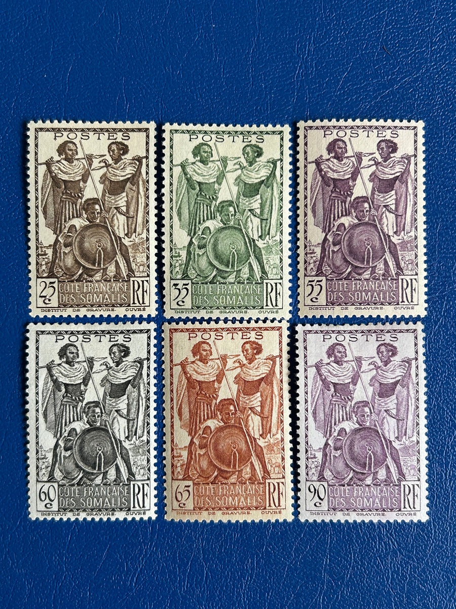 Somali Coast - Original Vintage Postage Stamps- 1938 - Definitives: Warriors - collectors, artists