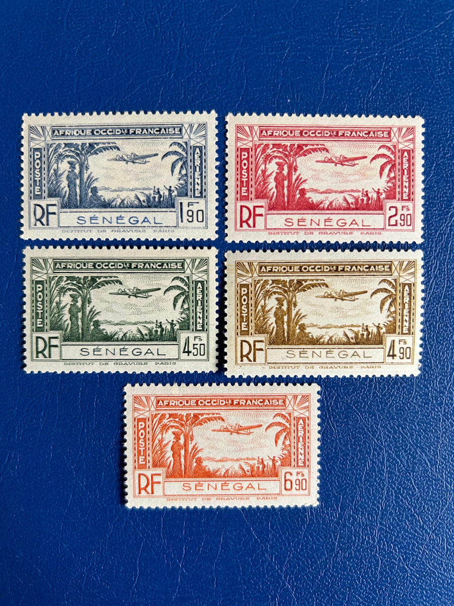 Senegal - Original Vintage Postage Stamps- 1940- Airmail over Village- for the collector, artist or crafter