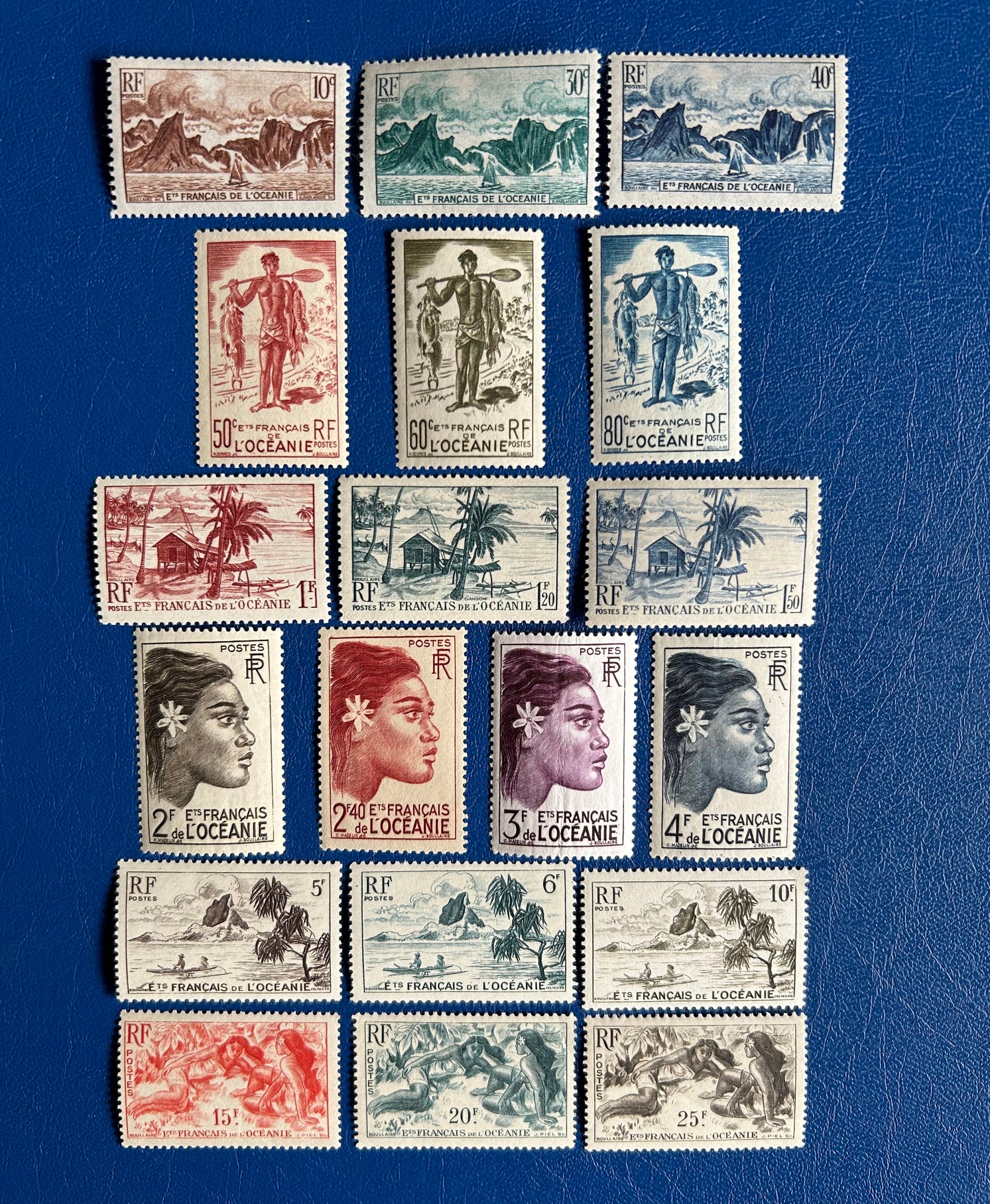 Post Stamp Ridge French Oceania - Original Vintage Postage Stamps- 1948 - Local Motifs ...