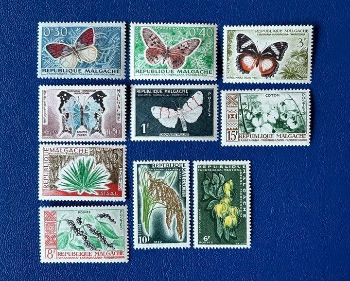 Madagascar - Original Vintage Postage Stamps- 1960 - Butterflies & Crops - for the collector, artist or crafter