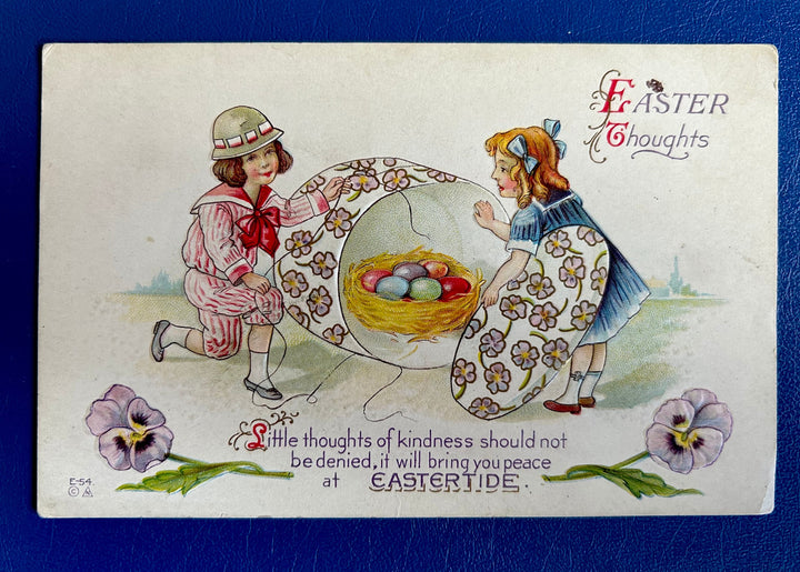 Easter Postcard - Vintage Embossed Easter Card - Little Girls with Floral Egg - to Dear Little Alma