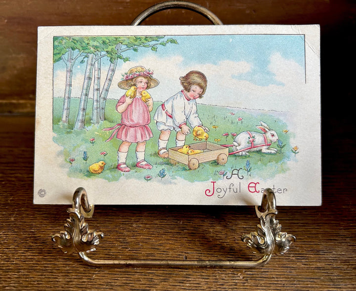 Easter Postcard - Vintage Easter Card - Children with Bunny Cart & Chicks - Postmark 1920