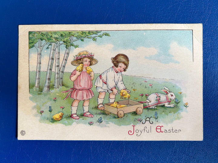 Easter Postcard - Vintage Easter Card - Children with Bunny Cart & Chicks - Postmark 1920