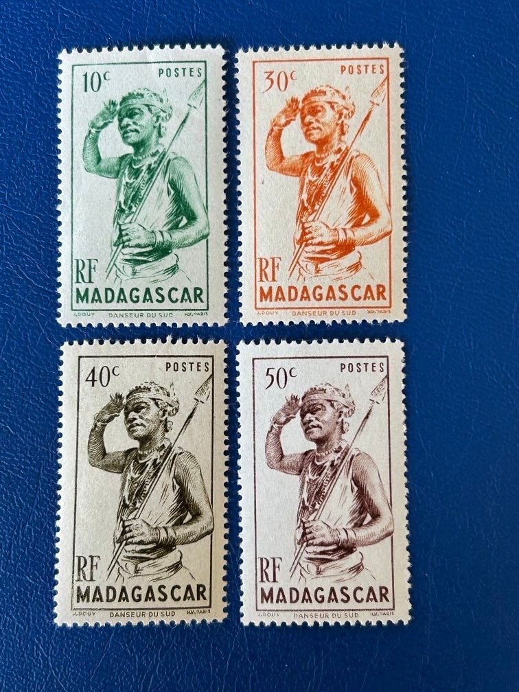 Madagascar - Original Vintage Postage Stamps- 1946 - Man with Spear - for the collector, artist or crafter