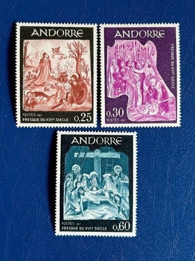 French Andorra - Original Vintage Postage Stamps- 1967 - Frescoes - for the collector, artist or crafter