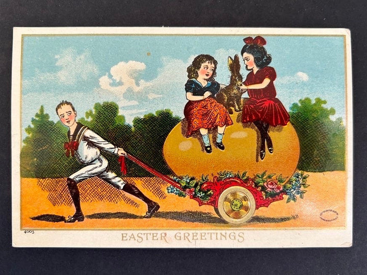 Easter Postcard - Vintage Easter Card - Early 1900s - Children with Easter Egg Wagon