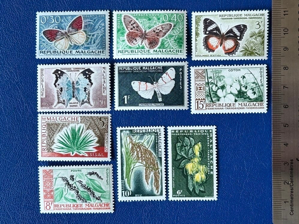 Madagascar - Original Vintage Postage Stamps- 1960 - Butterflies & Crops - for the collector, artist or crafter