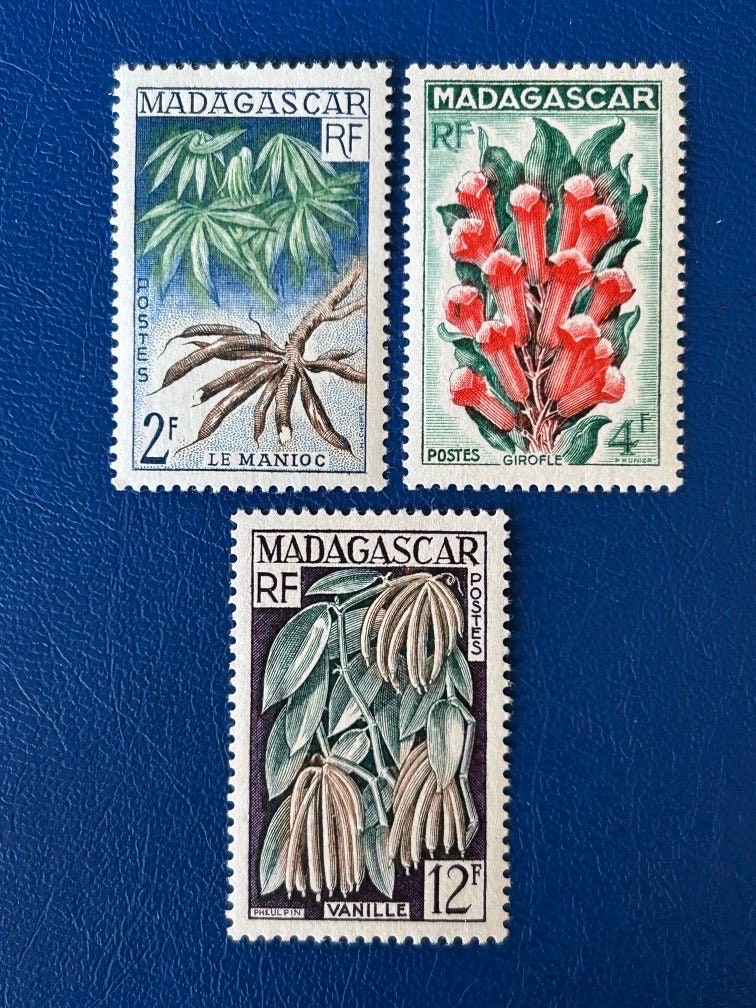 Madagascar - Original Vintage Postage Stamps- 1957 - Cassava, Vanilla & Clove - for the collector, artist or crafter