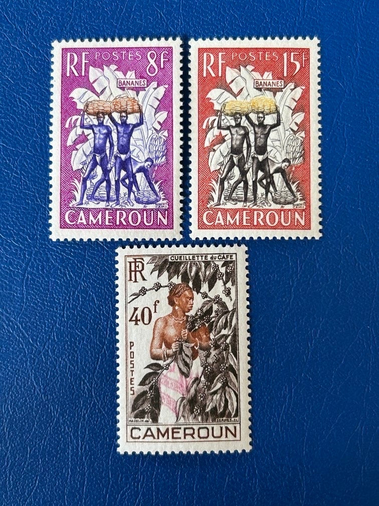 Cameroon - Original Vintage Postage Stamps- 1954 Banana Harvest & Coffee Picker - for the collector, artist or crafter